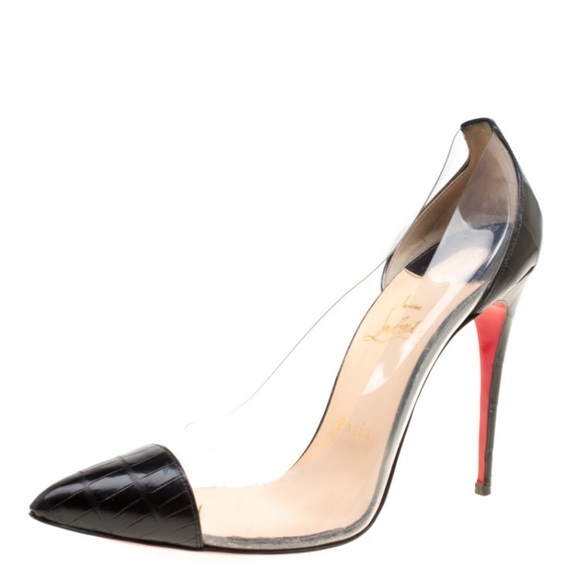 Christian Louboutin Shoes - Christian Louboutin Black Croc Embossed Leather and PVC Debout Pointed Toe Pumps